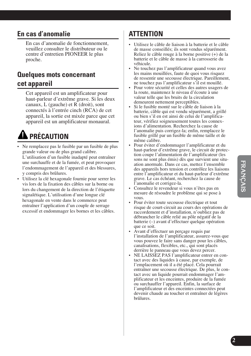 En cas d’anomalie, Quelques mots concernant cet appareil, Précaution | Attention | Pioneer D1200SPL User Manual | Page 57 / 128
