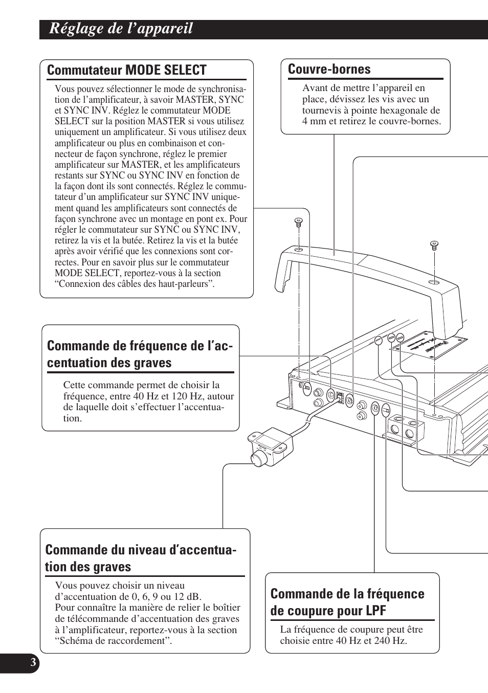 Réglage de l’appareil, Des graves, Commande du niveau d’accentuation | Pioneer D1200SPL User Manual | Page 58 / 128