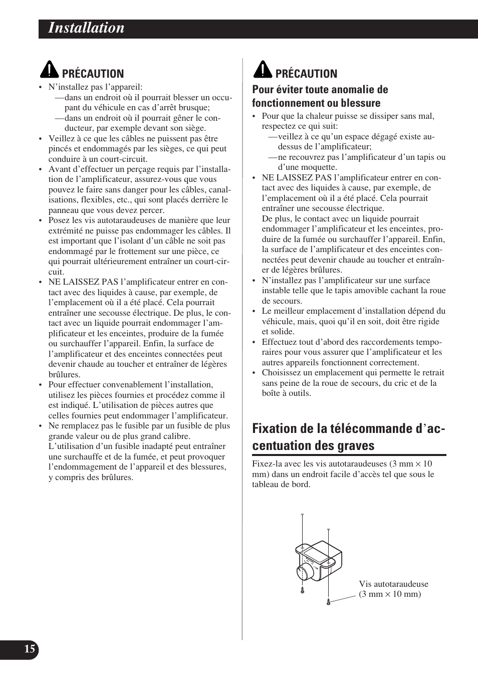 Installation, Fixation de la télécommande d’accentuation, Des graves | Pioneer D1200SPL User Manual | Page 70 / 128