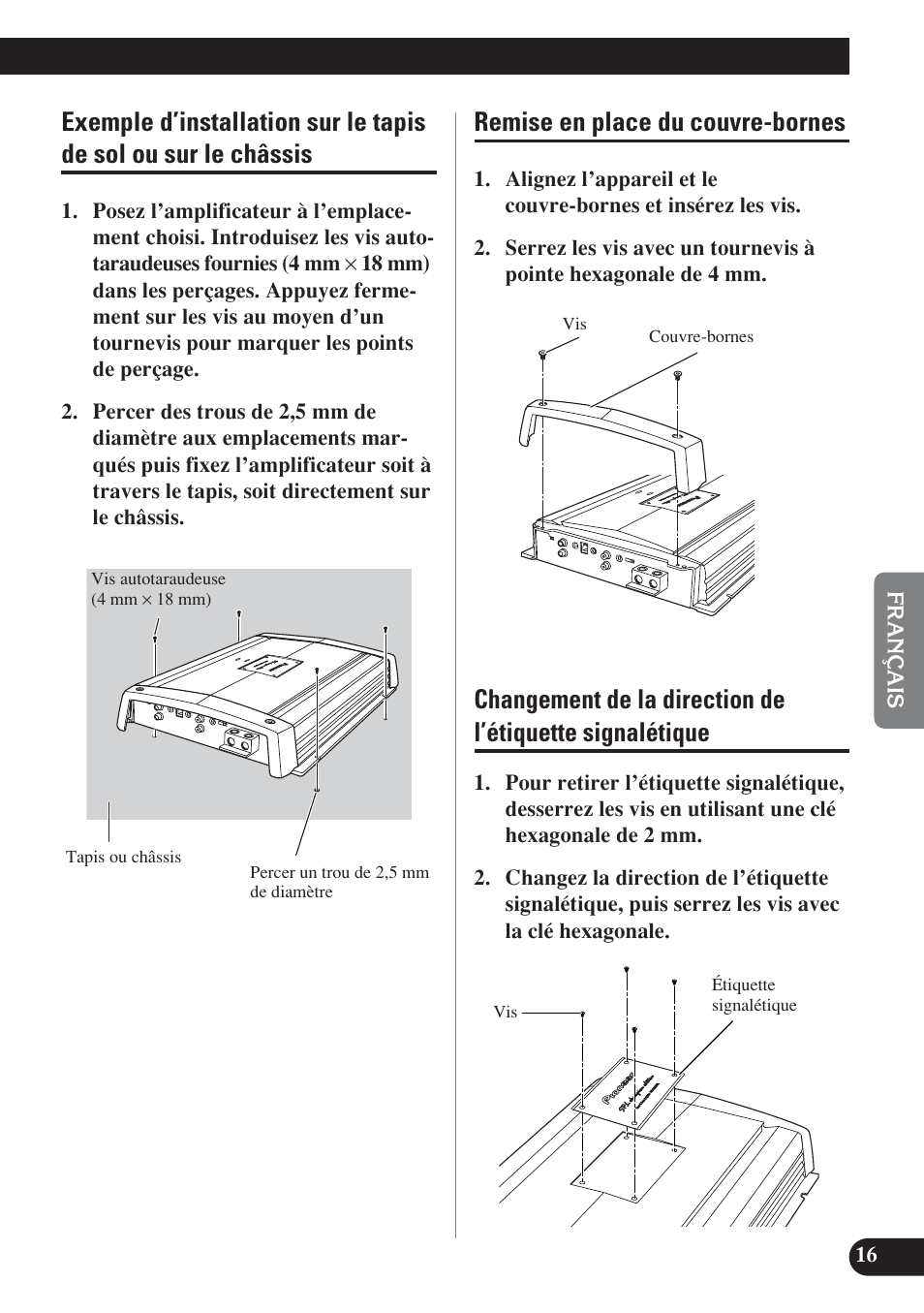 Exemple d’installation sur le tapis de sol ou, Sur le châssis, Signalétique | Remise en place du couvre-bornes | Pioneer D1200SPL User Manual | Page 71 / 128