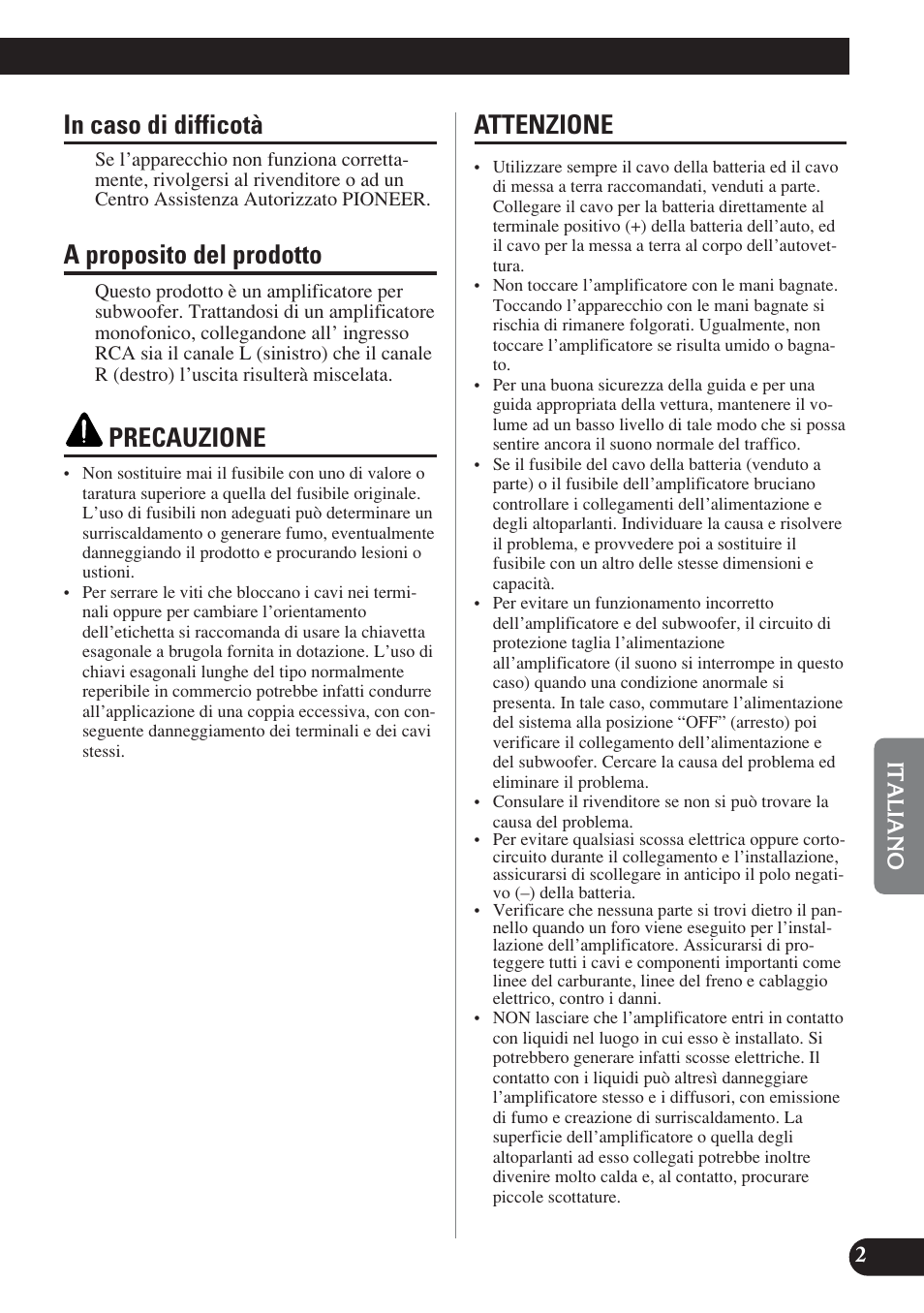 A proposito del prodotto, Precauzione, Attenzione | Pioneer D1200SPL User Manual | Page 75 / 128