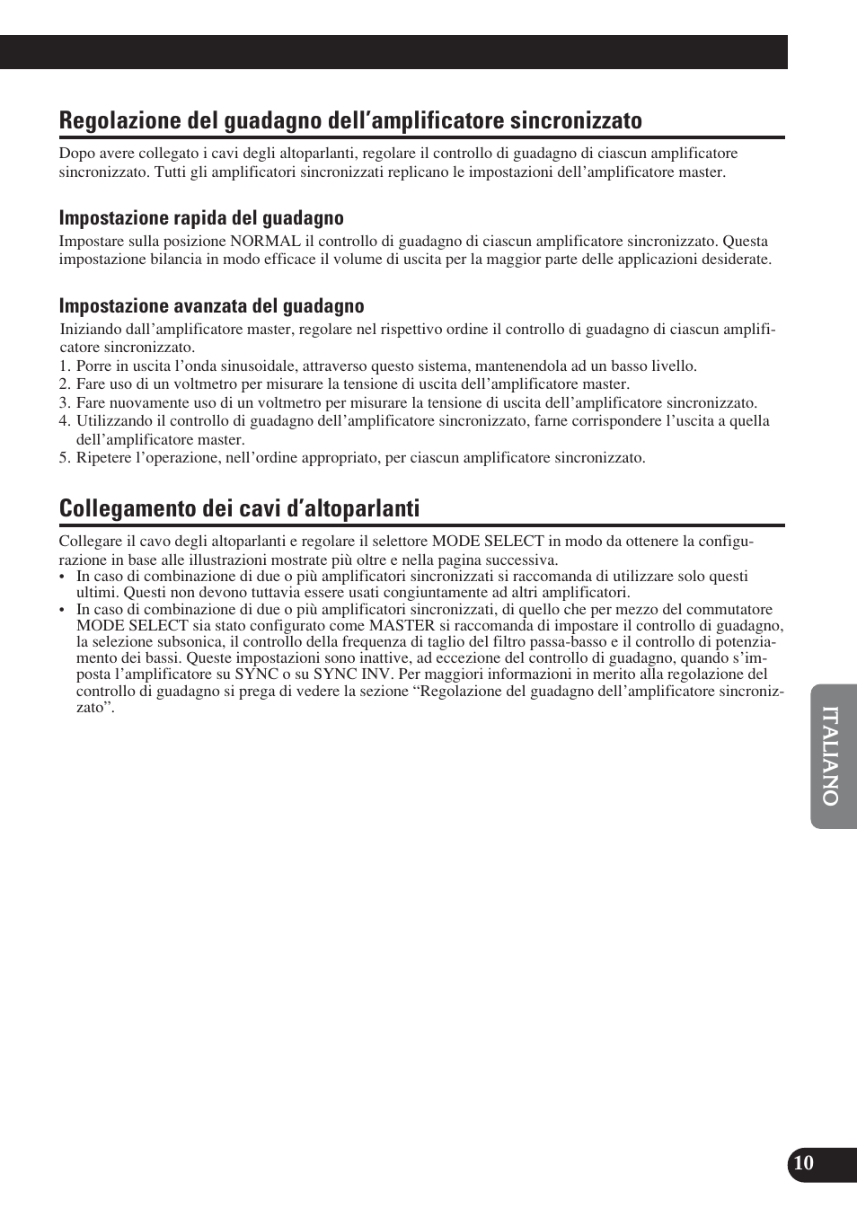 Regolazione del guadagno dell’amplificatore, Sincronizzato, Collegamento dei cavi d’altoparlanti | Pioneer D1200SPL User Manual | Page 83 / 128