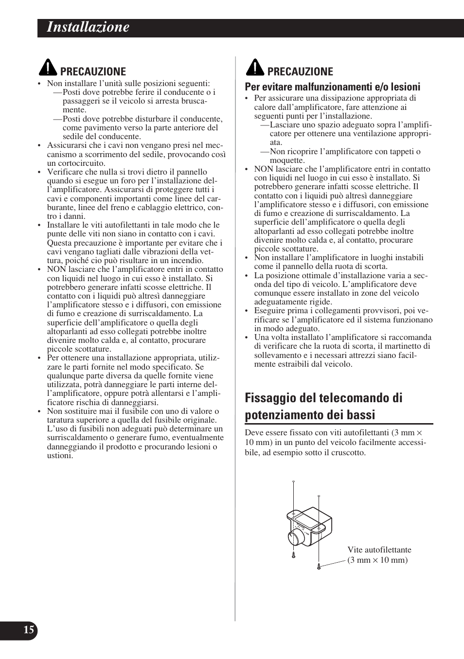 Installazione, Fissaggio del telecomando di potenziamento, Dei bassi | Pioneer D1200SPL User Manual | Page 88 / 128