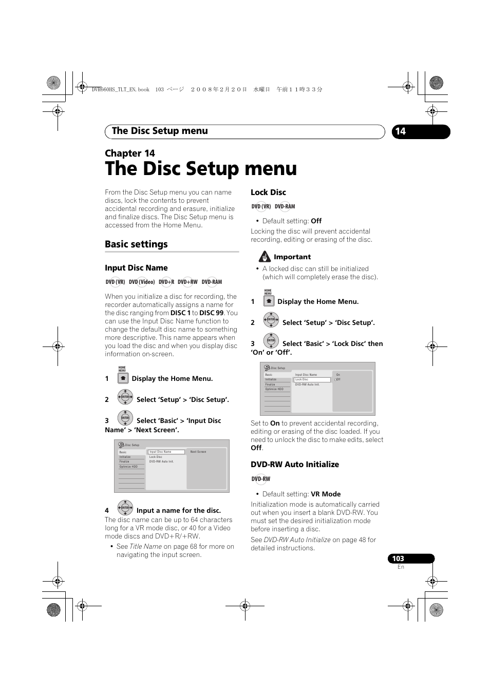 Basic settings, The disc setup menu, 14 chapter 14 | Input disc name, Lock disc, Dvd-rw auto initialize | Pioneer DVR-660H-S User Manual | Page 103 / 140