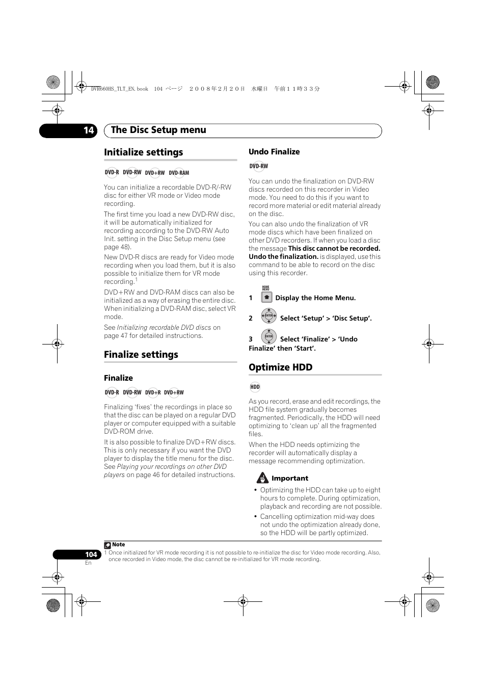 Initialize settings finalize settings optimize hdd, The disc setup menu 14, Initialize settings | Finalize settings, Optimize hdd | Pioneer DVR-660H-S User Manual | Page 104 / 140