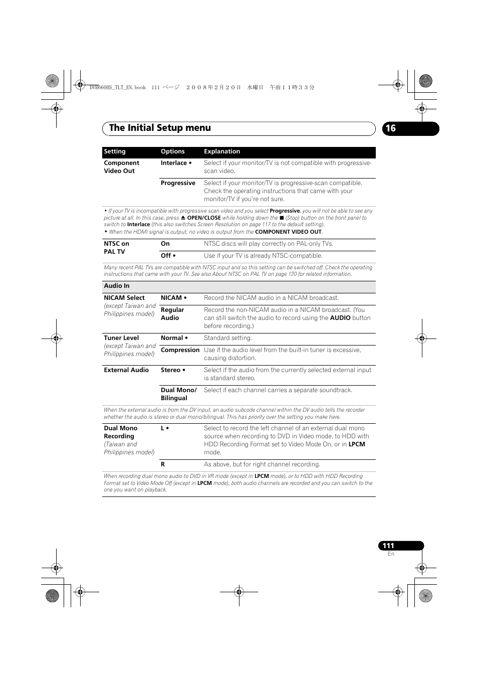 The initial setup menu | Pioneer DVR-660H-S User Manual | Page 111 / 140