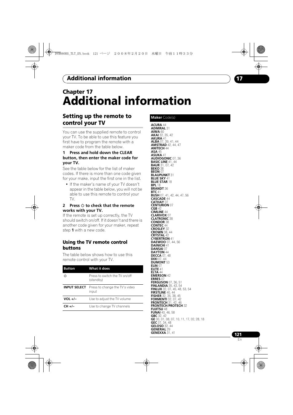 Setting up the remote to control your tv, Additional information, 17 chapter 17 | Pioneer DVR-660H-S User Manual | Page 121 / 140