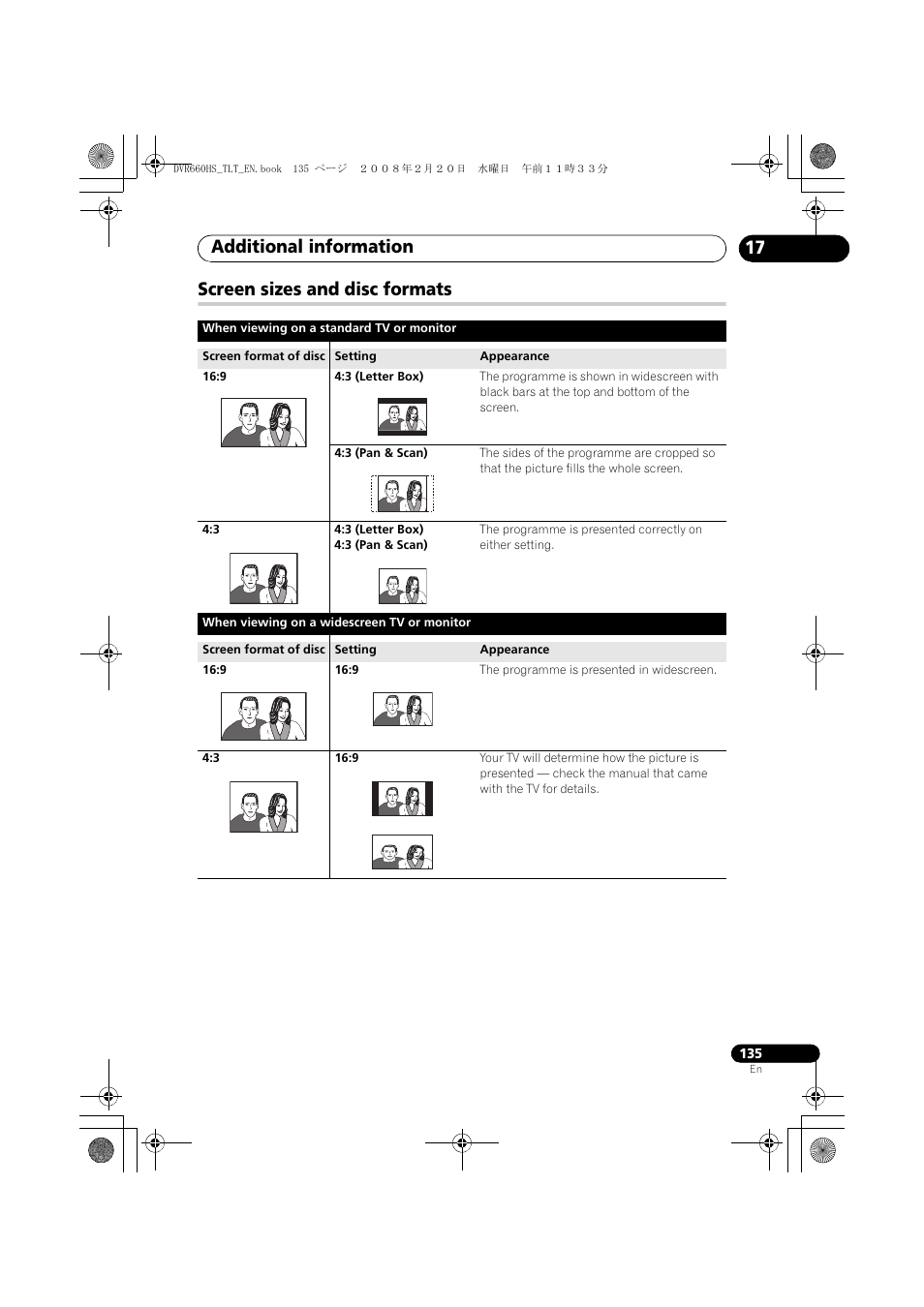 Screen sizes and disc formats, Additional information, 17 screen sizes and disc formats | Pioneer DVR-660H-S User Manual | Page 135 / 140