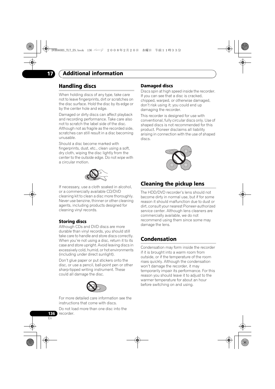 Additional information 17, Handling discs, Cleaning the pickup lens | Condensation | Pioneer DVR-660H-S User Manual | Page 136 / 140