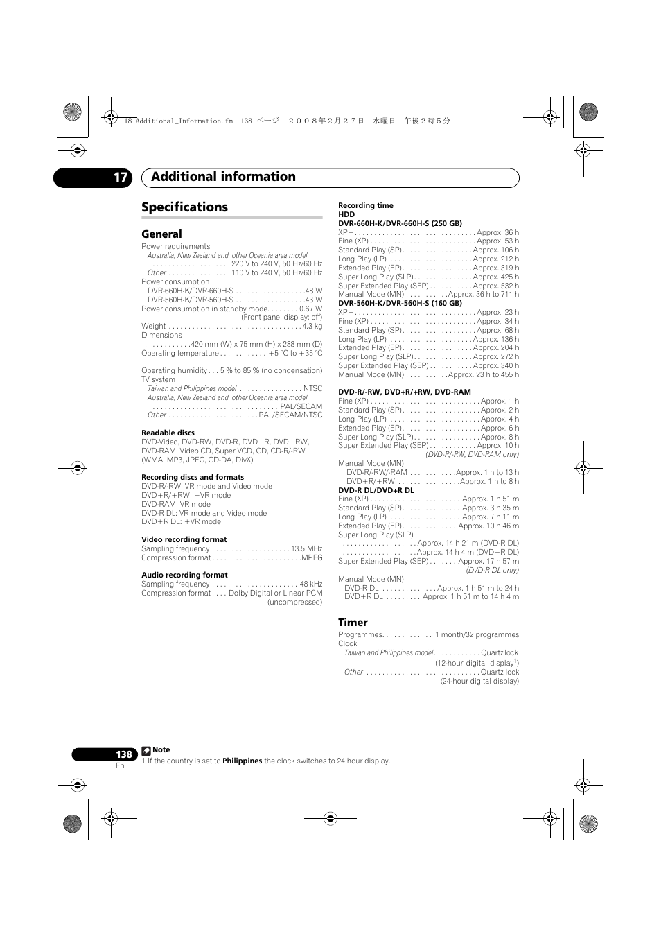 Specifications, Additional information 17 | Pioneer DVR-660H-S User Manual | Page 138 / 140
