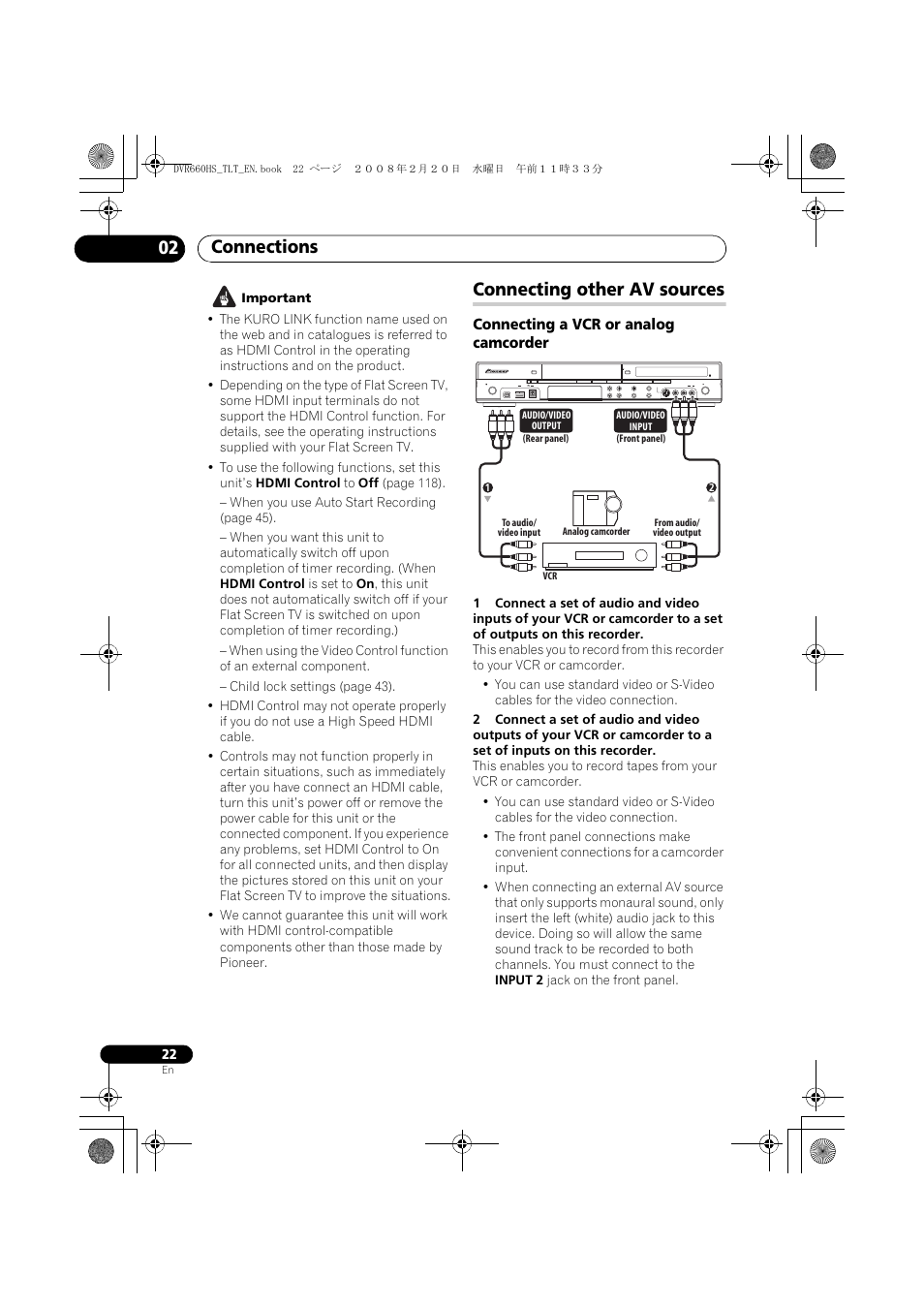 Connecting other av sources, Connections 02 | Pioneer DVR-660H-S User Manual | Page 22 / 140