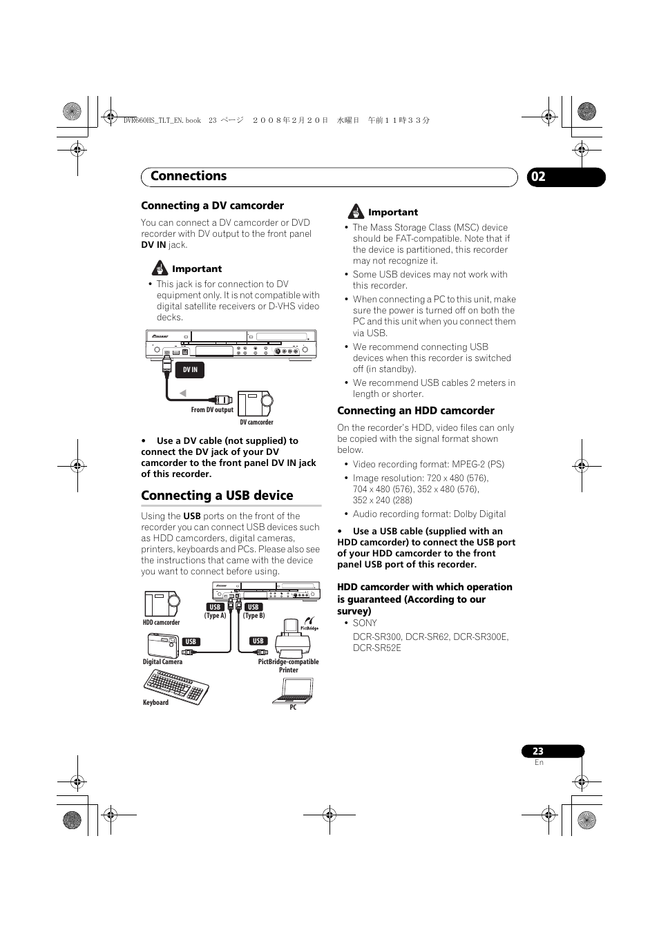 Connecting a usb device, Connections | Pioneer DVR-660H-S User Manual | Page 23 / 140