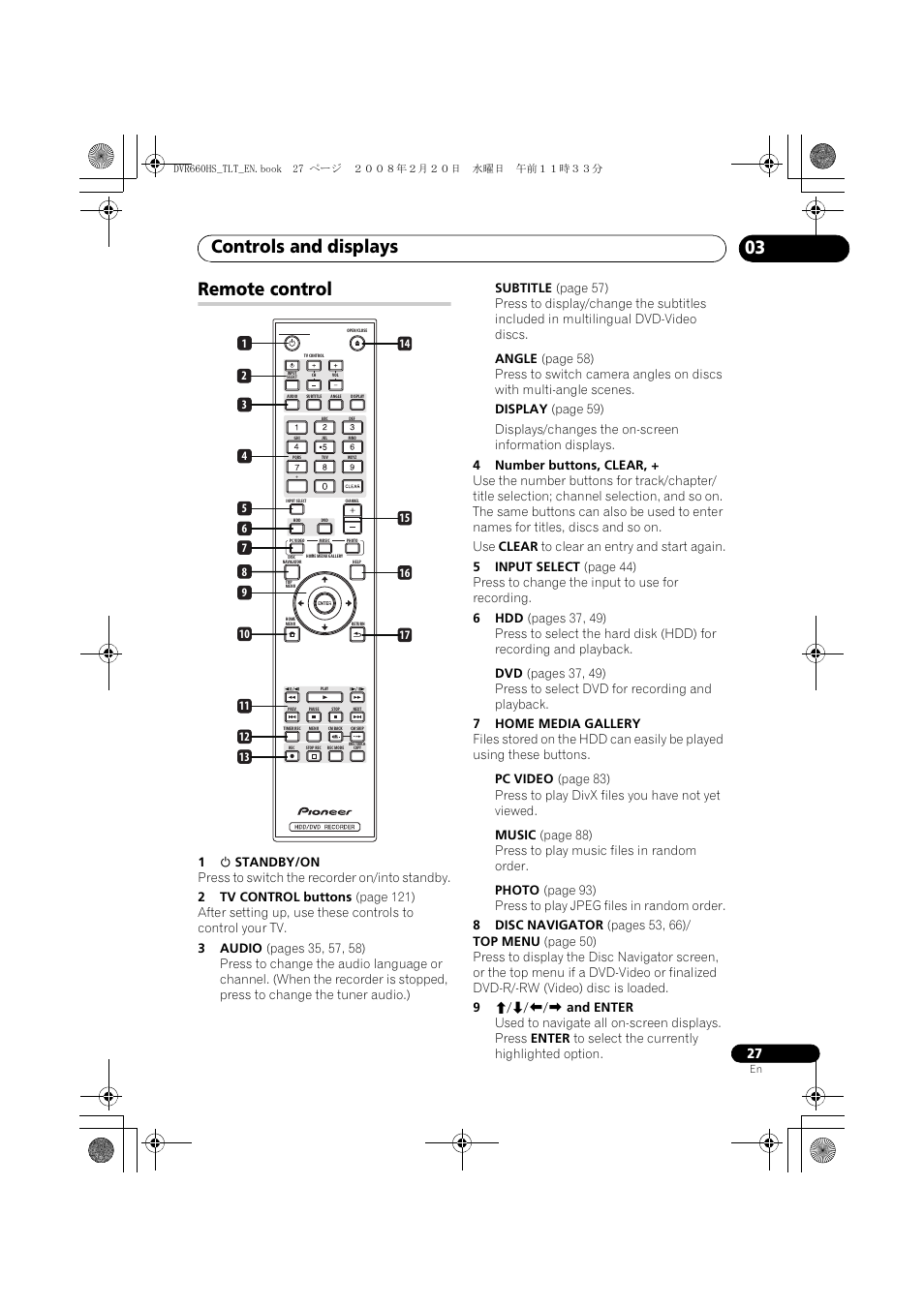 Remote control, Controls and displays, 03 remote control | Pioneer DVR-660H-S User Manual | Page 27 / 140