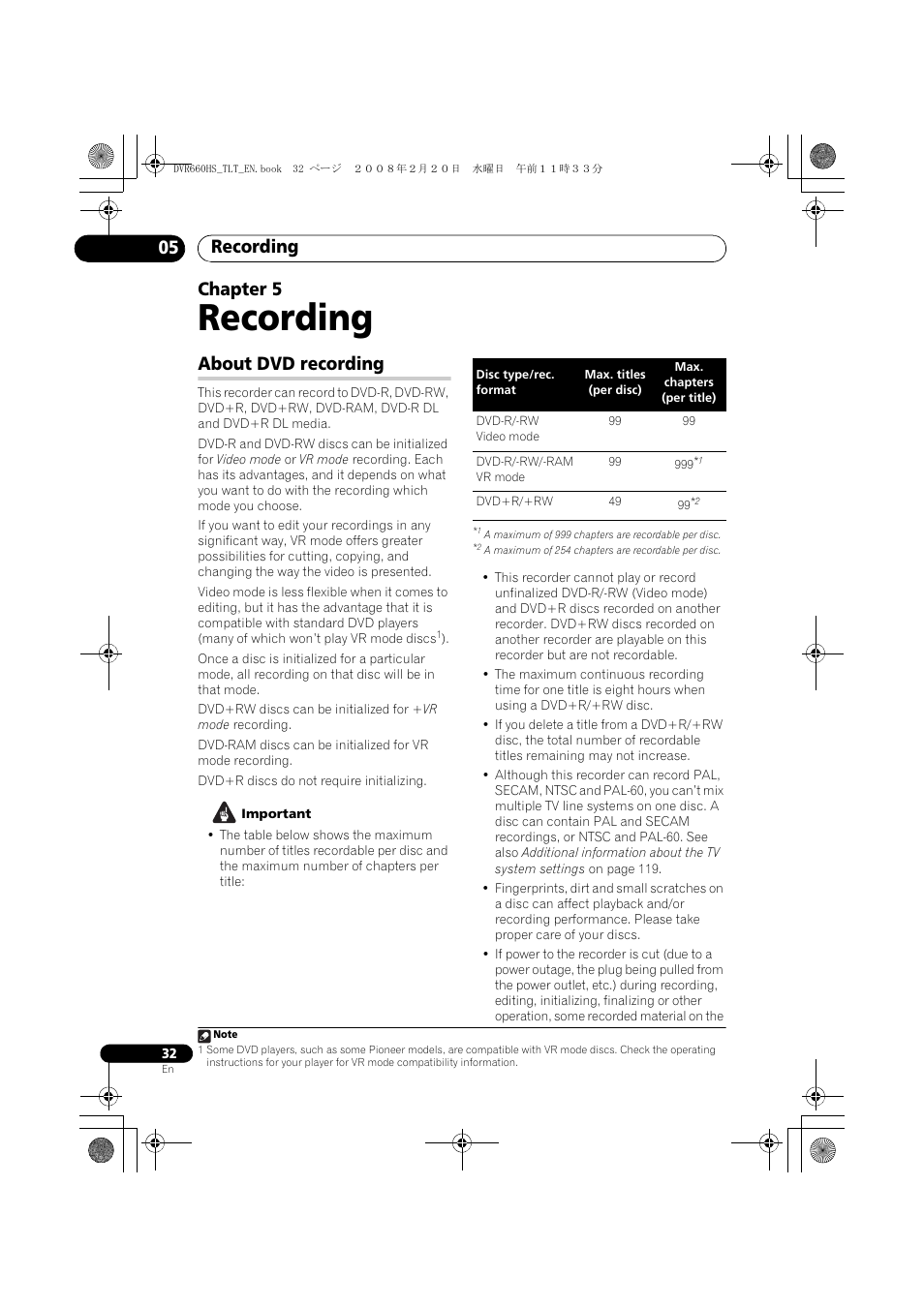 About dvd recording, Recording, Recording 05 | Chapter 5 | Pioneer DVR-660H-S User Manual | Page 32 / 140