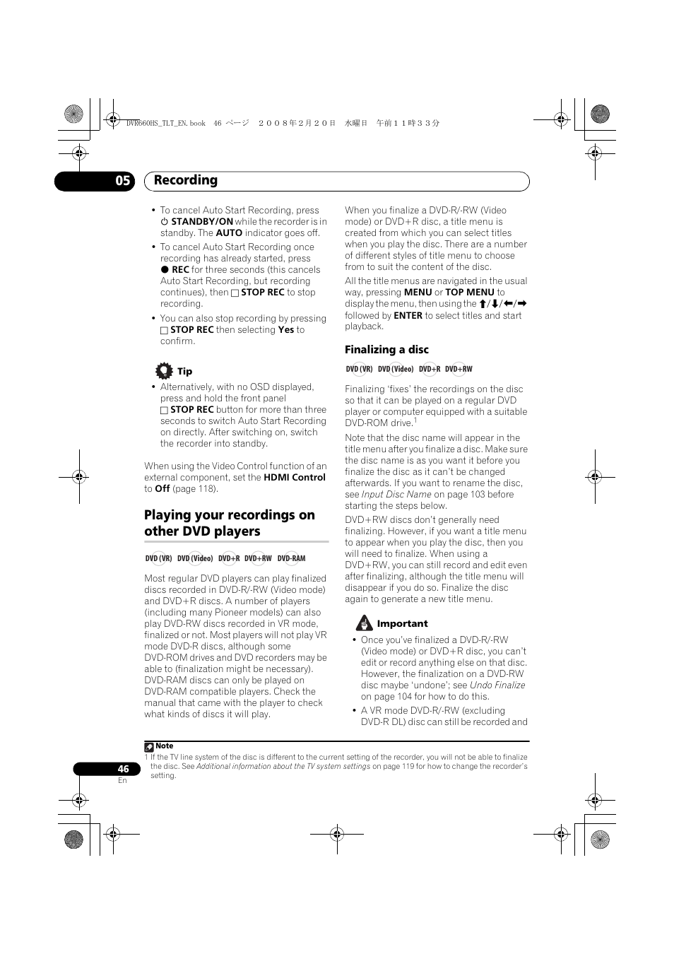 Players, Recording 05, Playing your recordings on other dvd players | Pioneer DVR-660H-S User Manual | Page 46 / 140