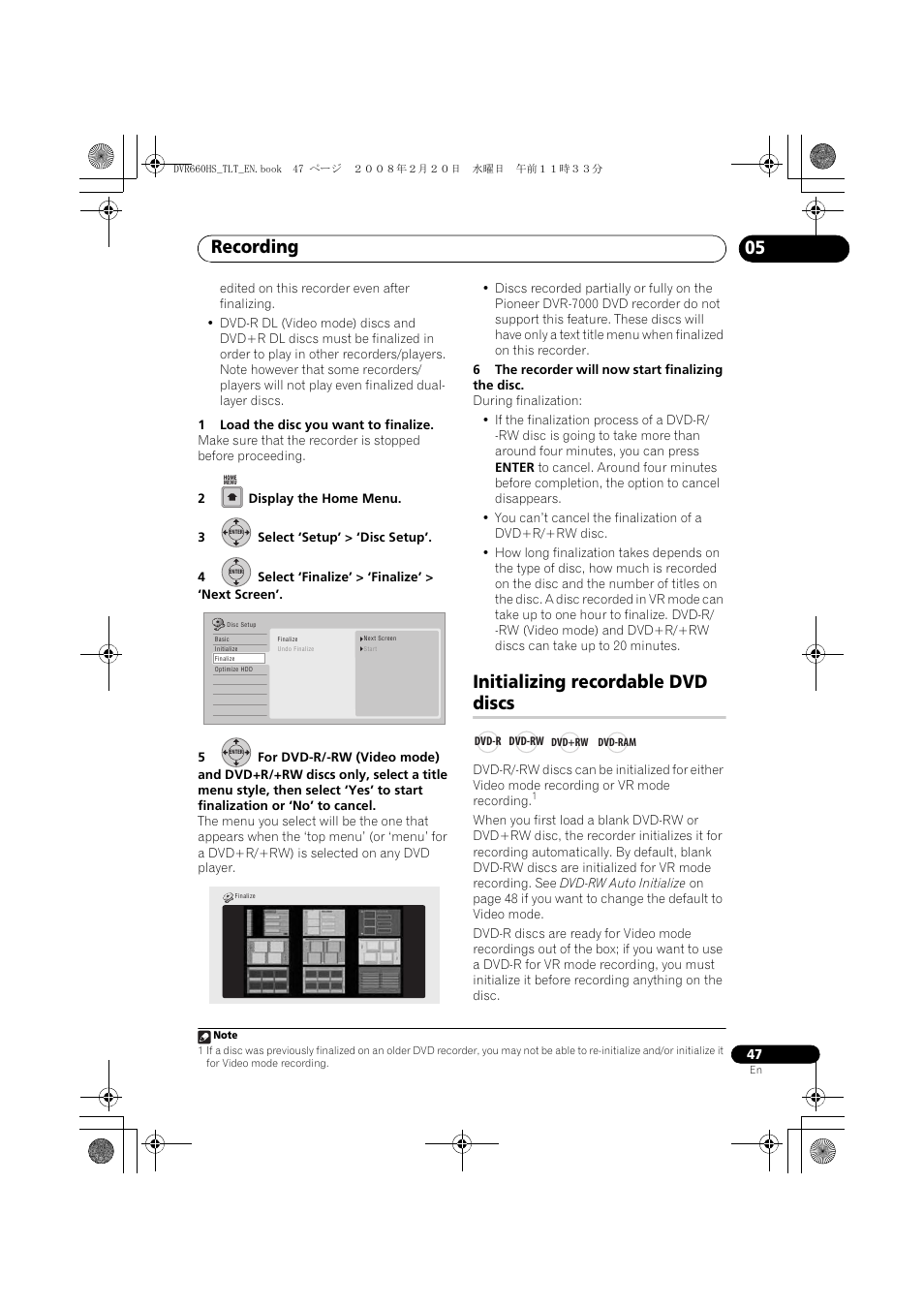 Initializing recordable dvd discs, Recording | Pioneer DVR-660H-S User Manual | Page 47 / 140