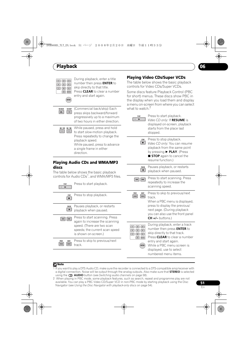 Playback, Playing audio cds and wma/mp3 discs, Playing video cds/super vcds | Pioneer DVR-660H-S User Manual | Page 51 / 140