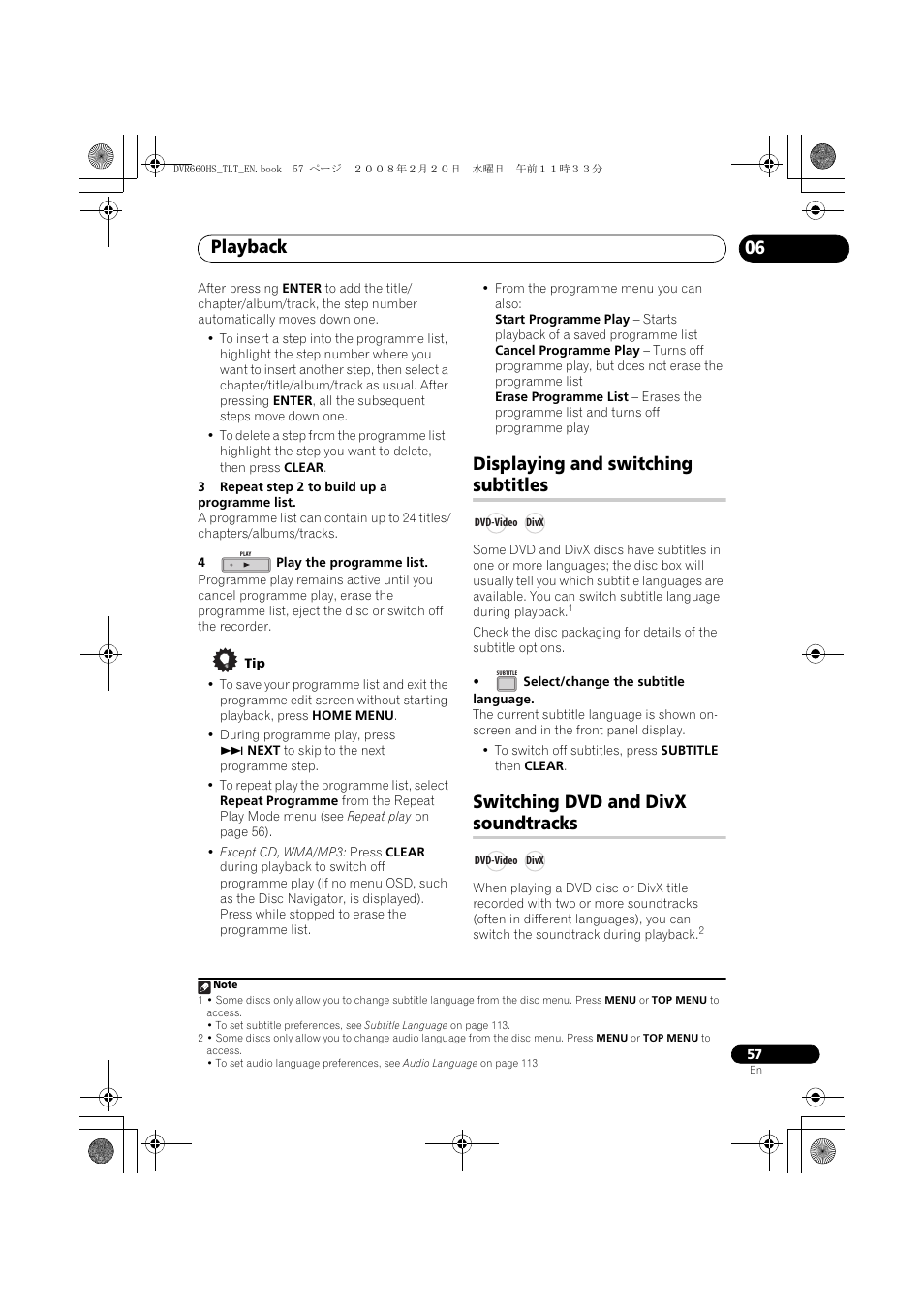 Playback, Displaying and switching subtitles, Switching dvd and divx soundtracks | Pioneer DVR-660H-S User Manual | Page 57 / 140