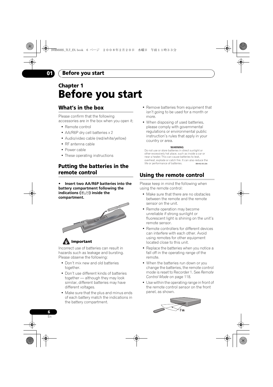 Before you start, Before you start 01, Chapter 1 | What’s in the box, Putting the batteries in the remote control, Using the remote control | Pioneer DVR-660H-S User Manual | Page 6 / 140