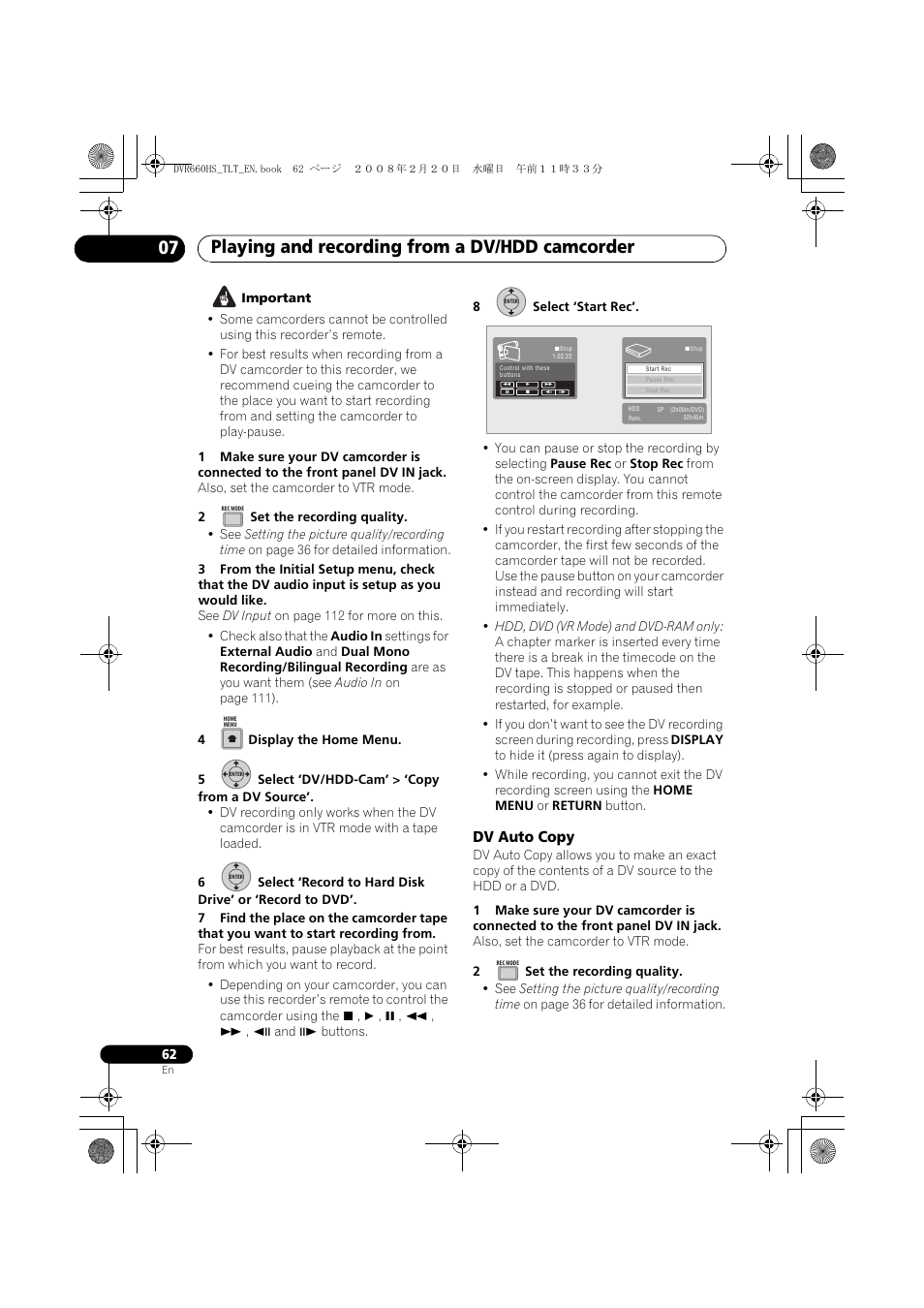Playing and recording from a dv/hdd camcorder 07, Dv auto copy | Pioneer DVR-660H-S User Manual | Page 62 / 140