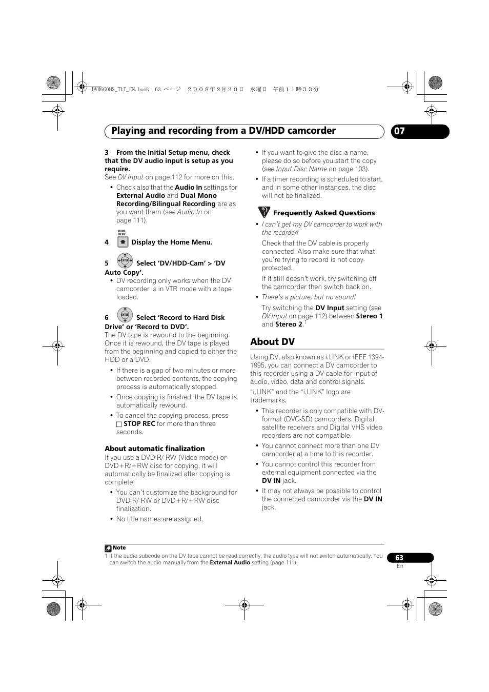 About dv, Playing and recording from a dv/hdd camcorder | Pioneer DVR-660H-S User Manual | Page 63 / 140