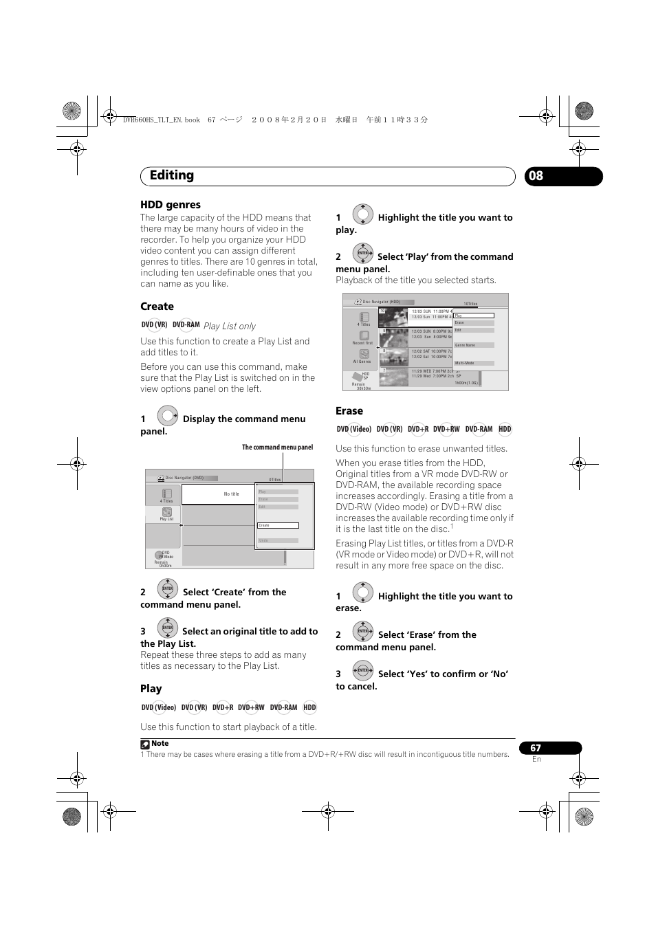 Editing, Hdd genres, Create | Play, Erase | Pioneer DVR-660H-S User Manual | Page 67 / 140