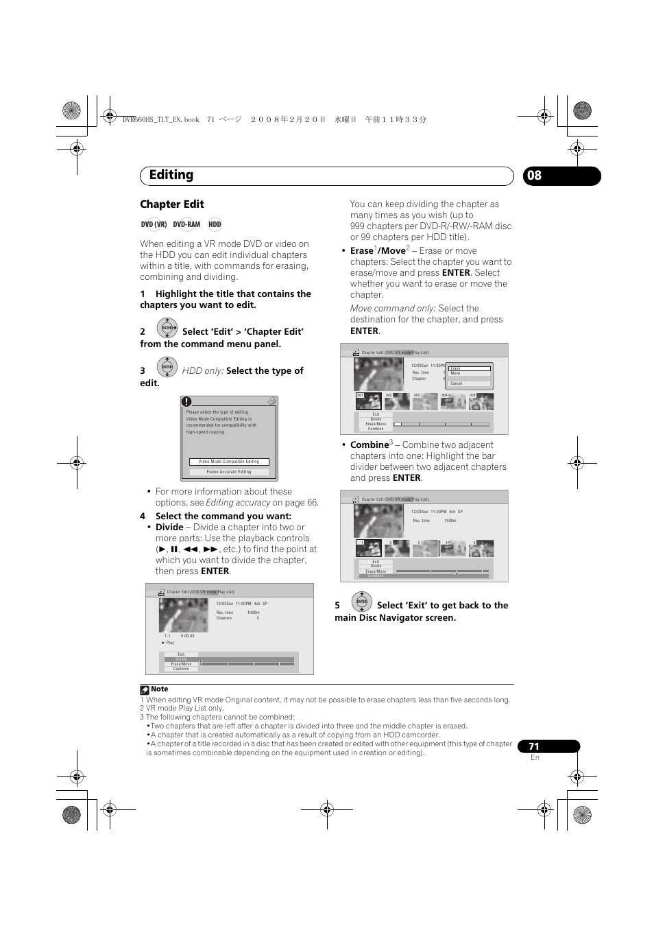 Editing, Chapter edit, Move | Pioneer DVR-660H-S User Manual | Page 71 / 140