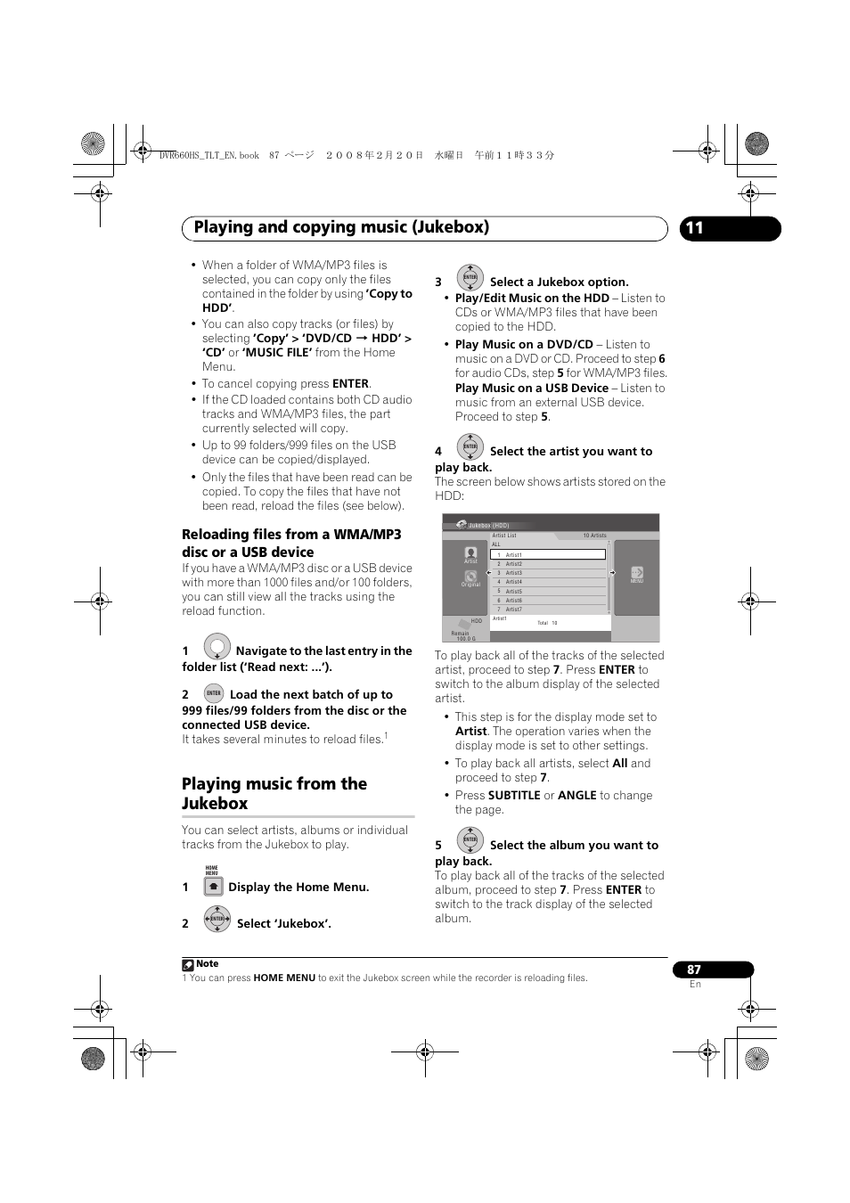 Playing music from the jukebox, Playing and copying music (jukebox) | Pioneer DVR-660H-S User Manual | Page 87 / 140