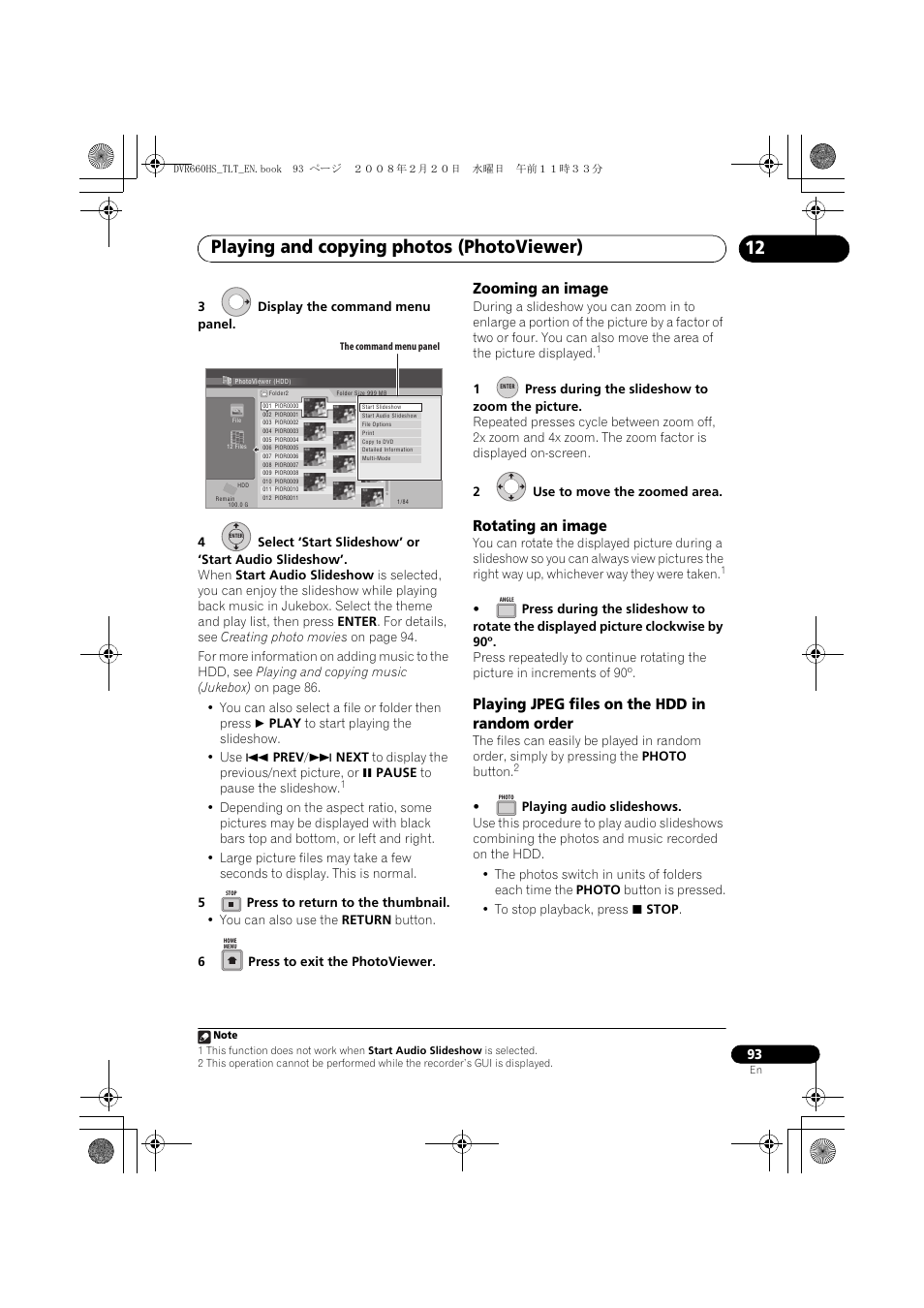Playing and copying photos (photoviewer), Zooming an image, Rotating an image | Playing jpeg files on the hdd in random order | Pioneer DVR-660H-S User Manual | Page 93 / 140