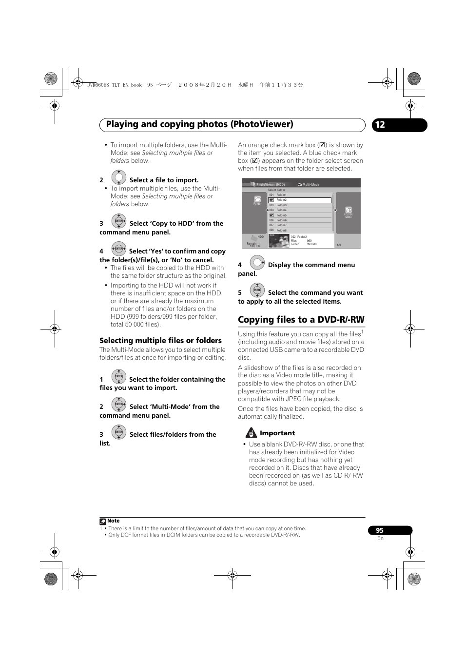 Copying files to a dvd-r/-rw, Playing and copying photos (photoviewer), Selecting multiple files or folders | Pioneer DVR-660H-S User Manual | Page 95 / 140