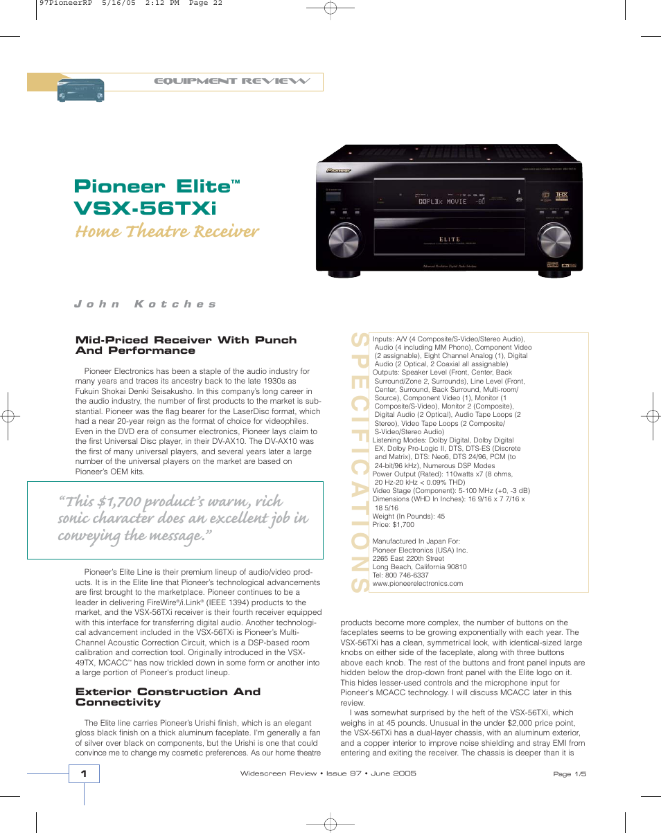 Pioneer VSX-56TXi User Manual | 5 pages