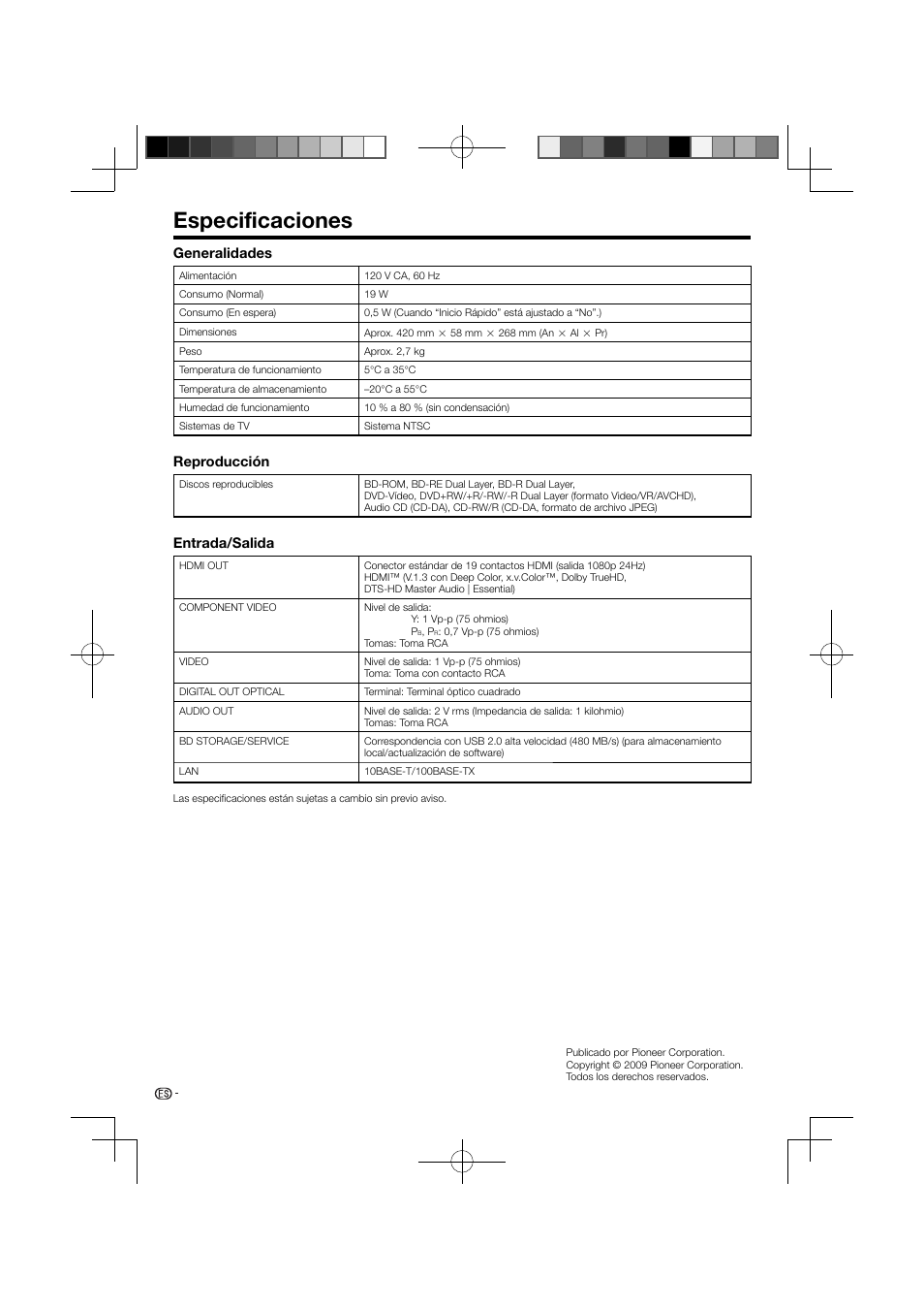 Especificaciones, Generalidades, Reproducción | Entrada/salida | Pioneer BDP-121 User Manual | Page 106 / 107
