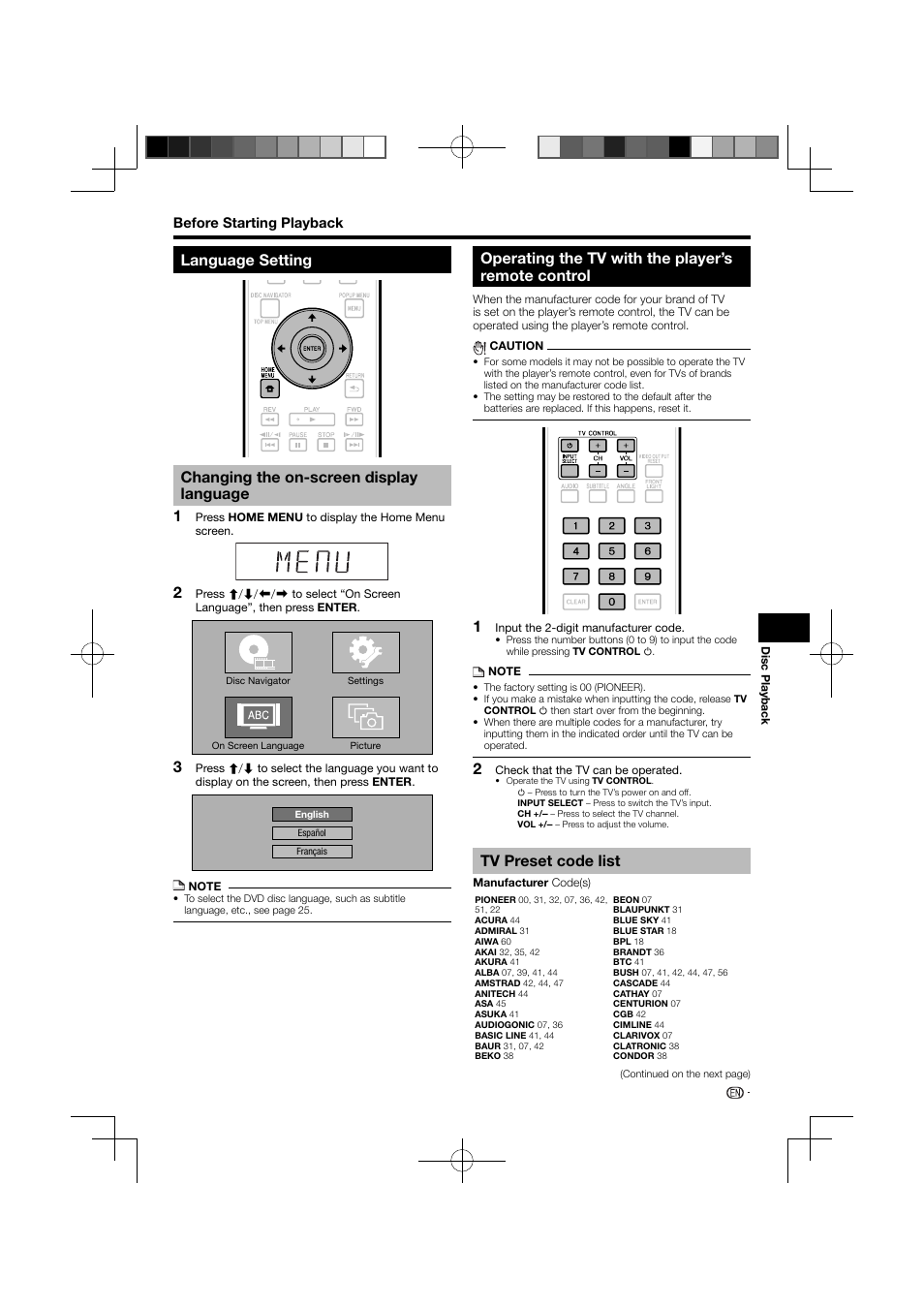 Language setting, Changing the on-screen display language, Operating the tv with the player’s remote control | Tv preset code list -22, 12 3 tv preset code list | Pioneer BDP-121 User Manual | Page 23 / 107