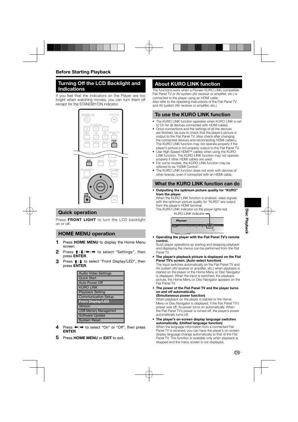 Turning off the lcd backlight and indications, Quick operation home menu operation, About kuro link function | What the kuro link function can do, Quick operation, Home menu operation | Pioneer BDP-121 User Manual | Page 25 / 107