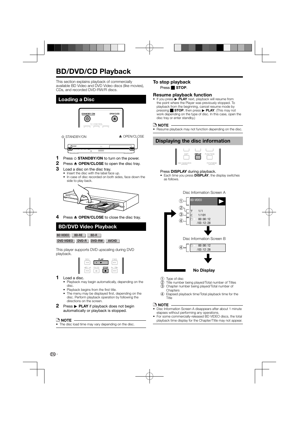 Bd/dvd/cd playback –29, Loading a disc bd/dvd video playback, Displaying the disc information | Bd/dvd/cd playback, Loading a disc, Bd/dvd video playback | Pioneer BDP-121 User Manual | Page 26 / 107