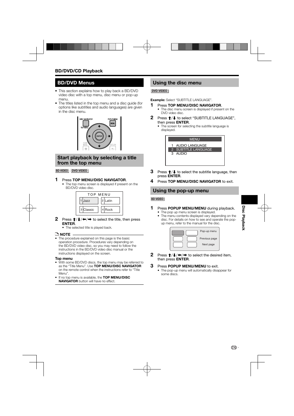 Bd/dvd menus, Using the disc menu, Using the pop-up menu | Pioneer BDP-121 User Manual | Page 27 / 107
