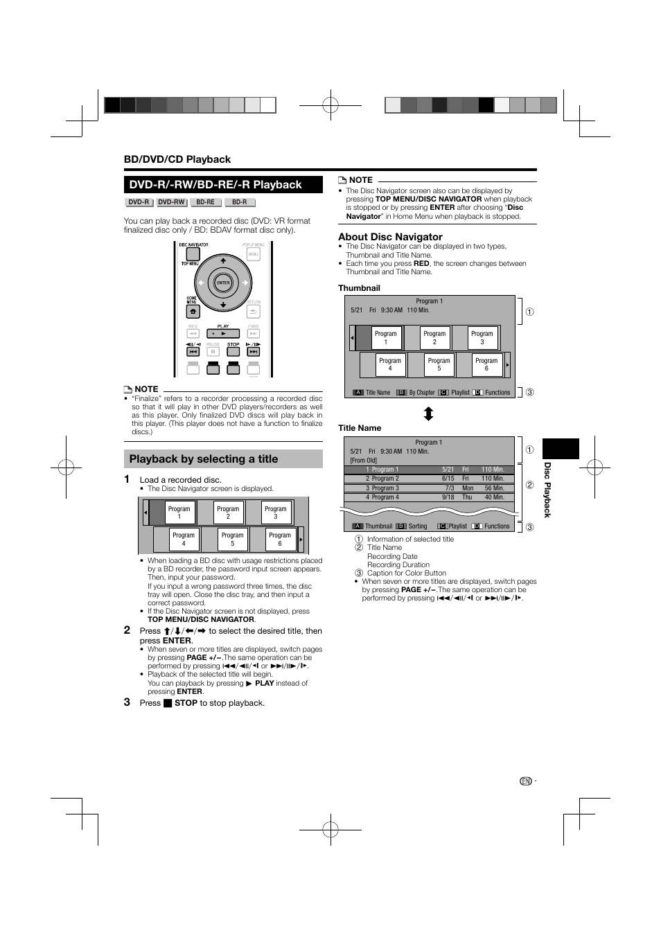Dvd-r/-rw/bd-re/-r playback –28, Playback by selecting a title, Dvd-r/-rw/bd-re/-r playback | Bd/dvd/cd playback, About disc navigator | Pioneer BDP-121 User Manual | Page 29 / 107