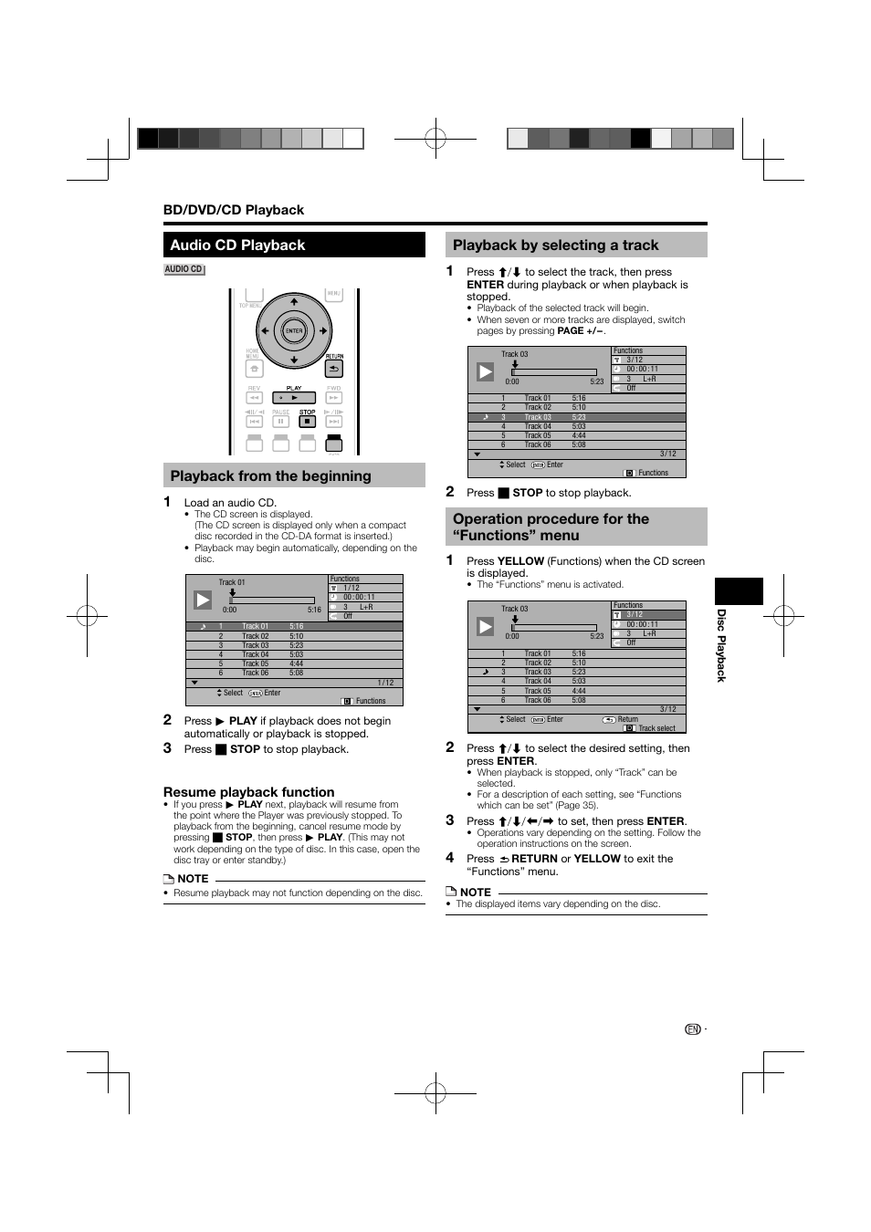 Audio cd playback, Playback from the beginning, Playback by selecting a track | Operation procedure for the “functions” menu, Resume playback function, Bd/dvd/cd playback | Pioneer BDP-121 User Manual | Page 31 / 107