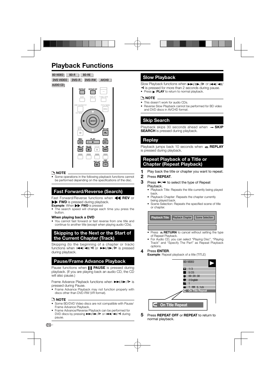 Playback functions –32, Chapter (track), Repeat playback) | Playback functions, Fast forward/reverse (search), Pause/frame advance playback, Slow playback, Skip search, Replay | Pioneer BDP-121 User Manual | Page 32 / 107