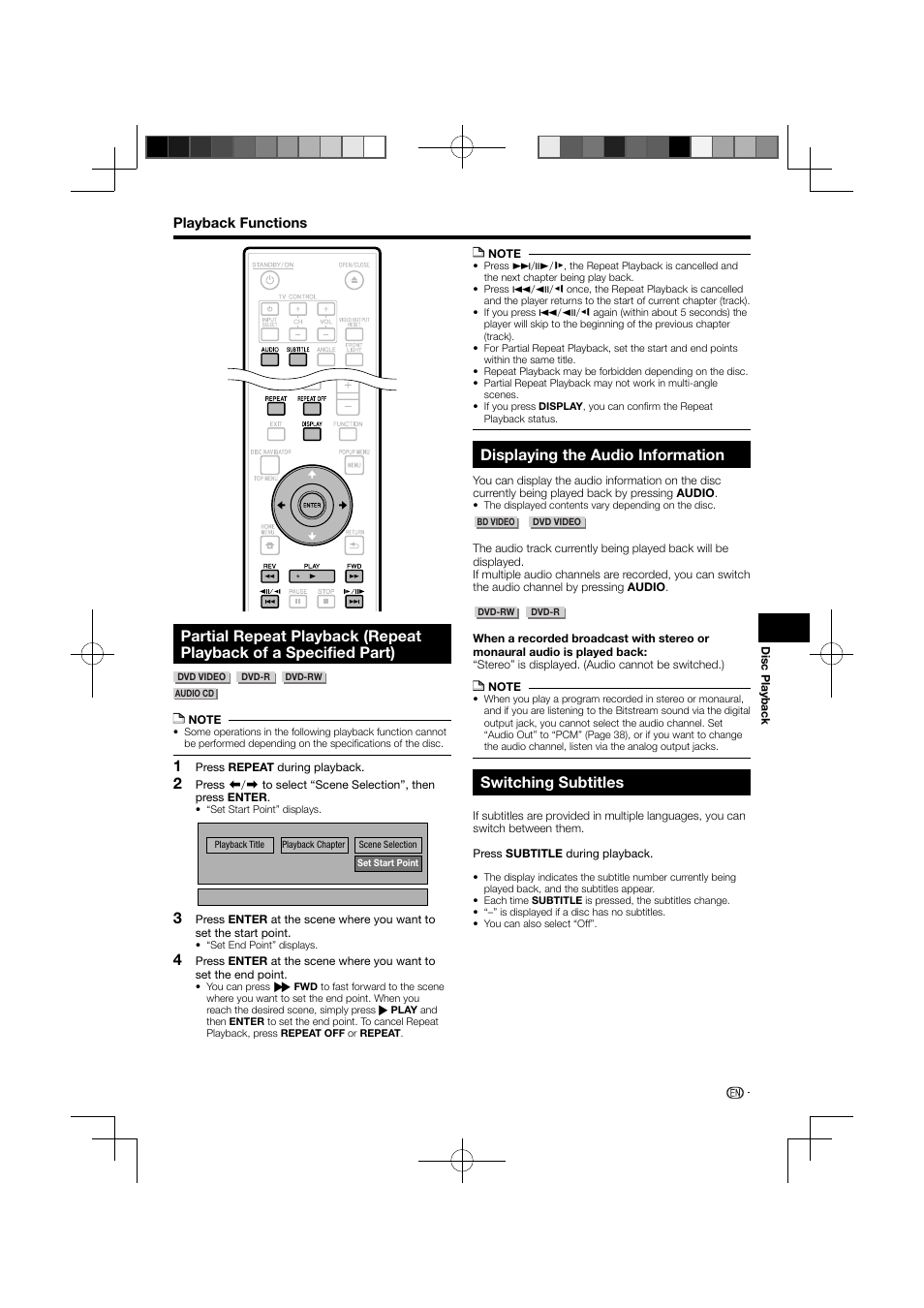 Partial repeat playback, Repeat playback of a specified part), Displaying the audio information | Switching subtitles | Pioneer BDP-121 User Manual | Page 33 / 107