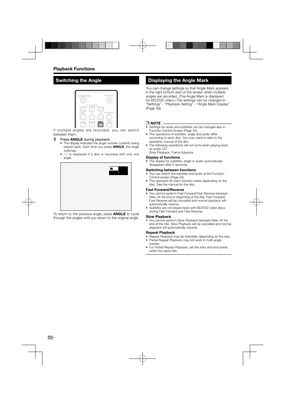 Switching the angle displaying the angle mark, Displaying the angle mark, Switching the angle | Pioneer BDP-121 User Manual | Page 34 / 107