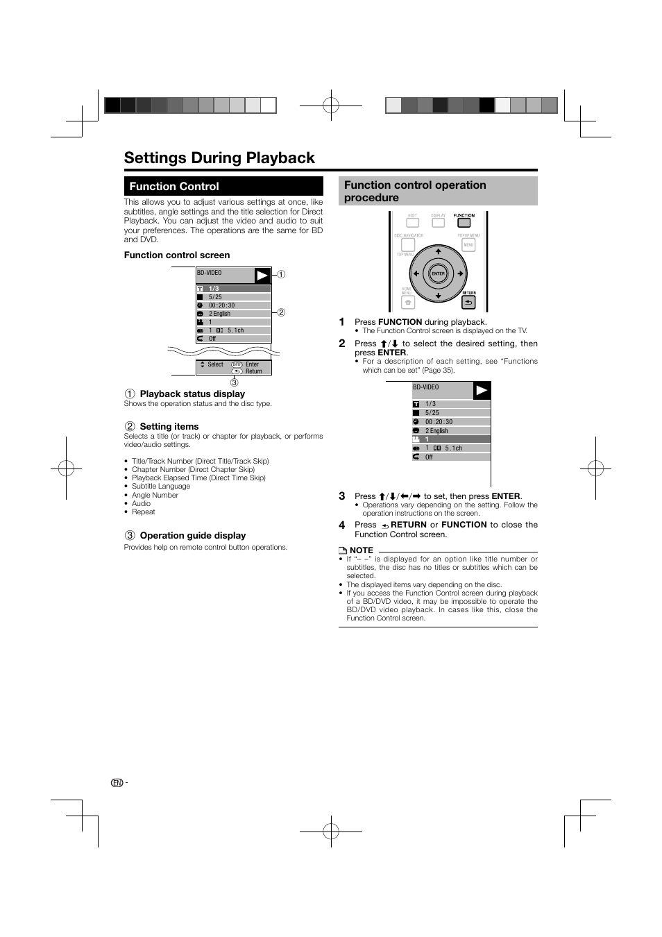Settings during playback –35, Function control, Function control operation procedure | Settings during playback | Pioneer BDP-121 User Manual | Page 36 / 107