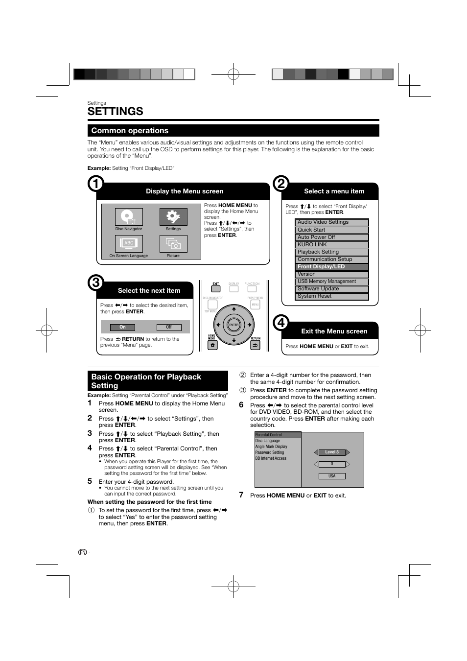 Settings –45, Settings, Common operations | Basic operation for playback setting | Pioneer BDP-121 User Manual | Page 38 / 107
