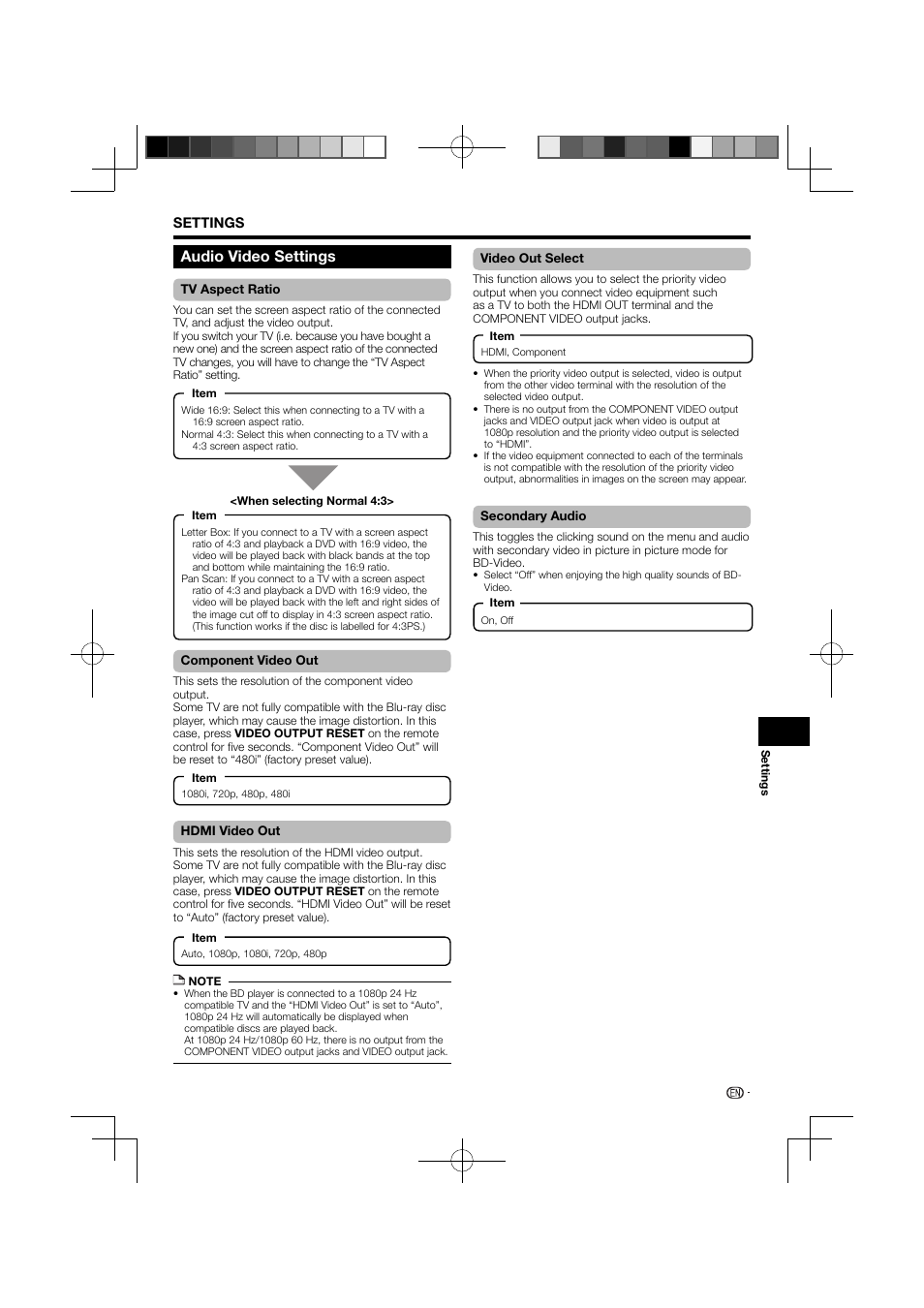 Audio video settings –38, Audio video settings | Pioneer BDP-121 User Manual | Page 39 / 107