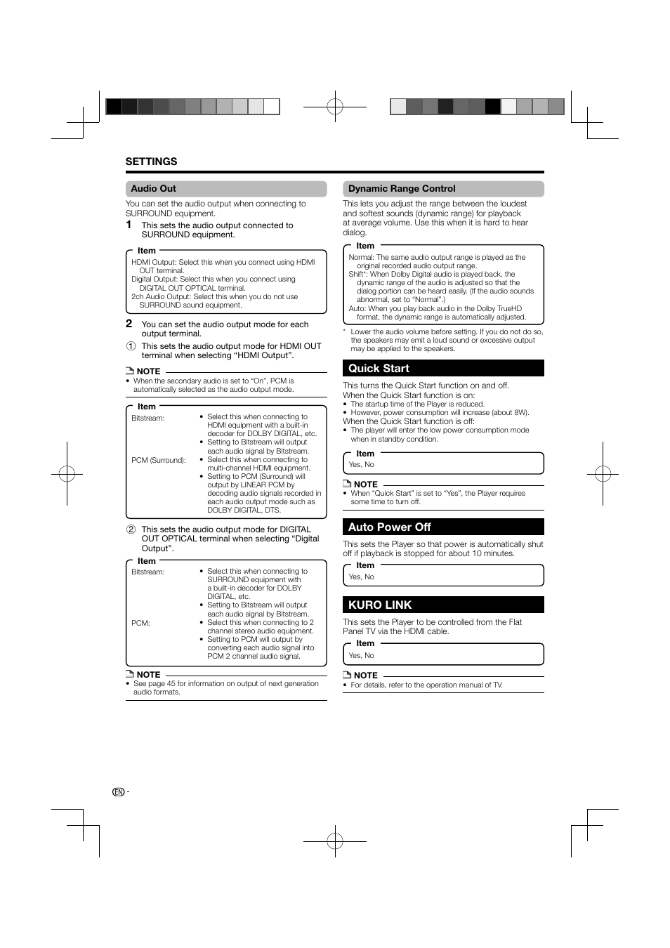 Quick start auto power off kuro link, Quick start, Auto power off | Kuro link | Pioneer BDP-121 User Manual | Page 40 / 107