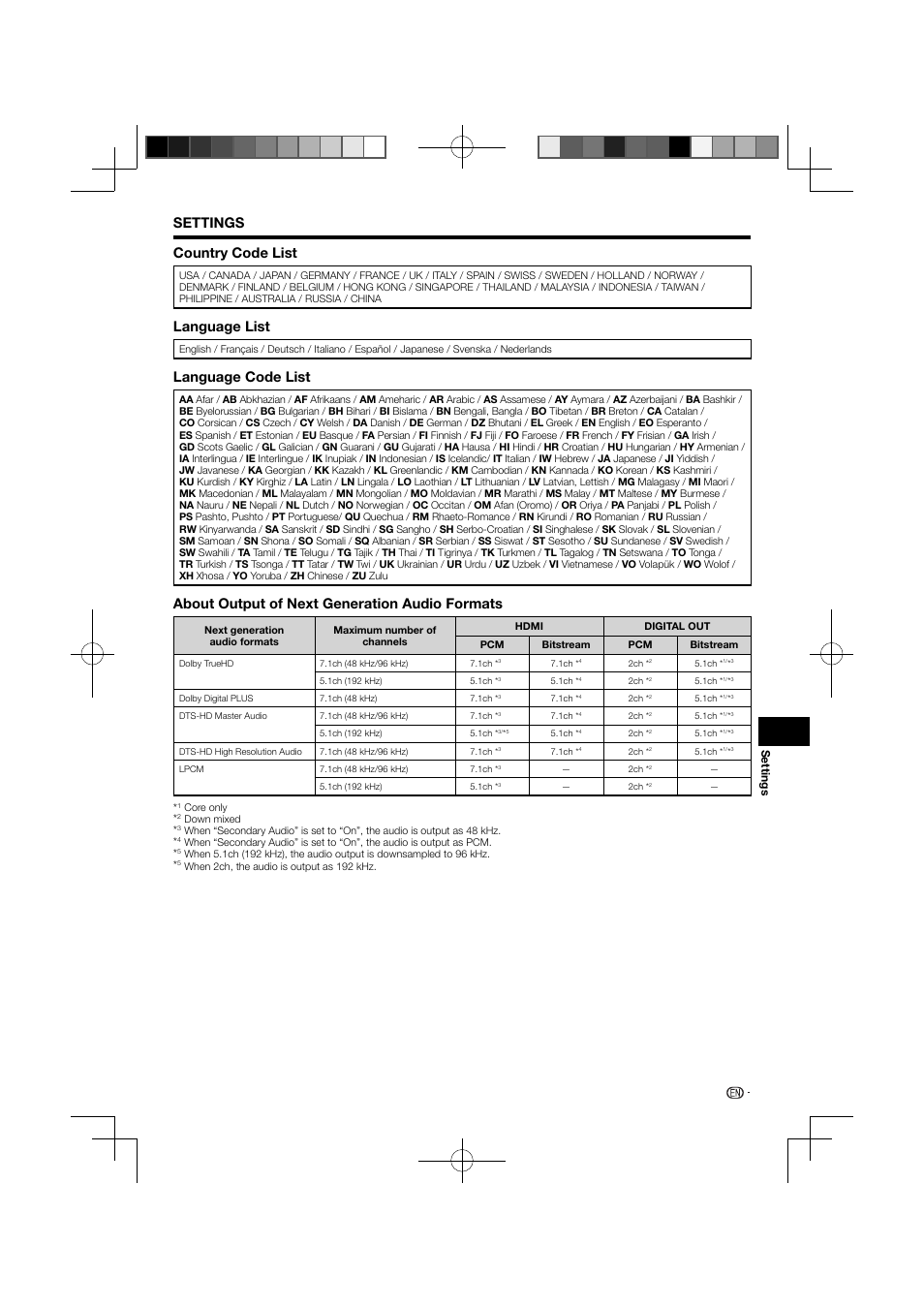 Settings country code list, Language list, Language code list | About output of next generation audio formats, 45 settings | Pioneer BDP-121 User Manual | Page 47 / 107