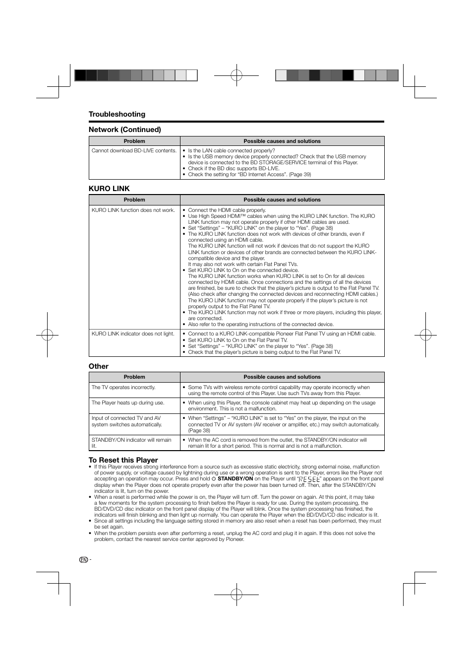 Troubleshooting –48, To reset this player, Troubleshooting | Kuro link, Other, Network (continued) | Pioneer BDP-121 User Manual | Page 50 / 107