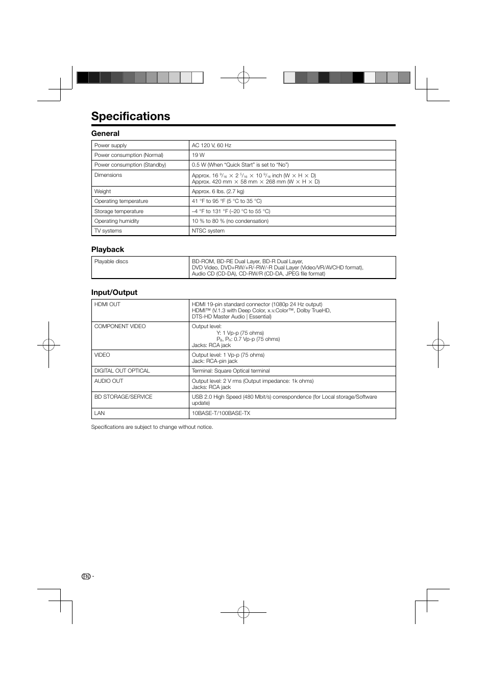 Specifications, General, Playback | Input/output | Pioneer BDP-121 User Manual | Page 54 / 107