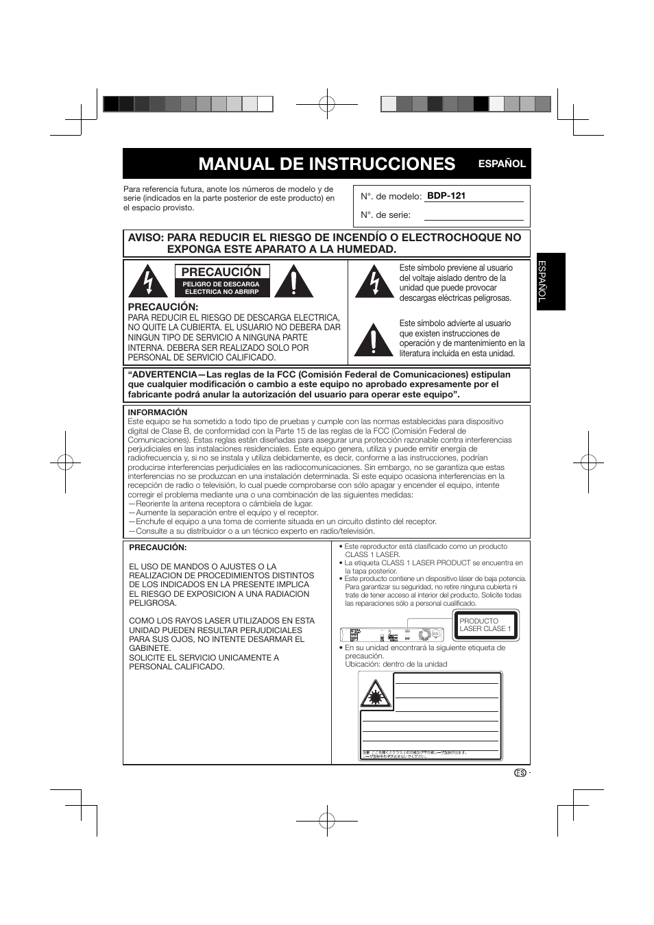 Bdp-121_es_for_print.pdf, Manual de instrucciones, Precaución | Pioneer BDP-121 User Manual | Page 55 / 107