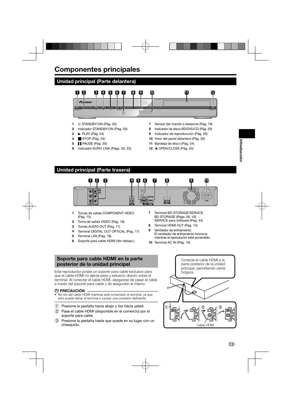 Componentes principales –12, Unidad principal, Componentes principales | Pioneer BDP-121 User Manual | Page 65 / 107